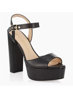 Stuart Weitzman Ryder Platform Sandal Heels Leather Black 8.5 Open Toe Buckle